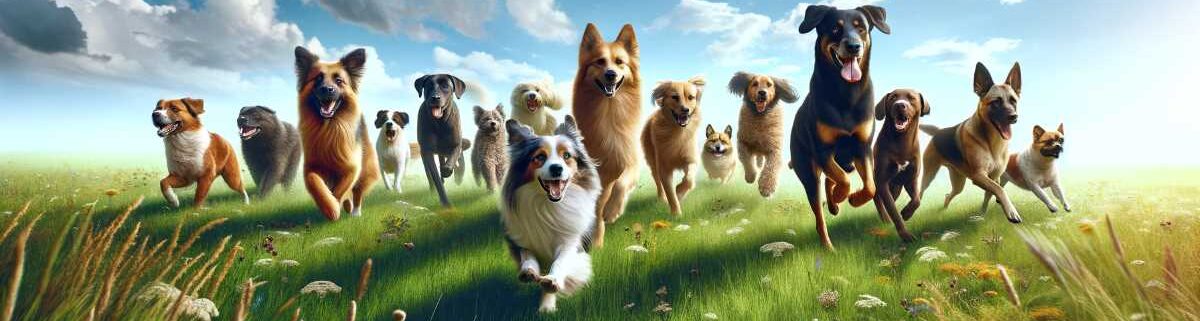 lots of happy dogs running in a field
