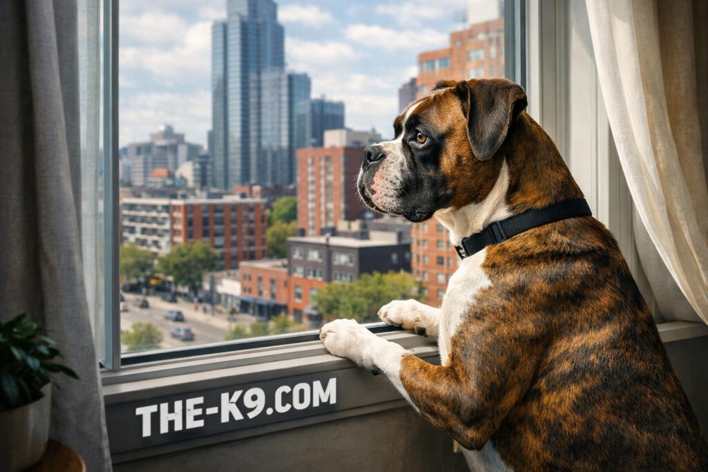 Boxer Dog looking out a apartment window