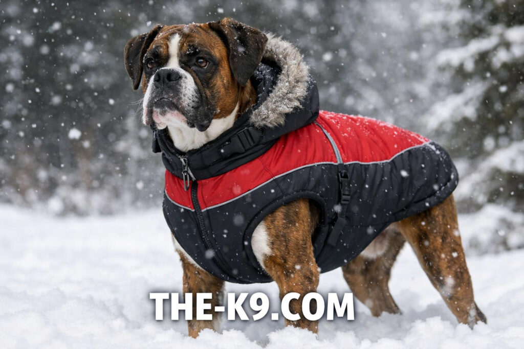 Boxer Dog wearing a dog coat in the snow