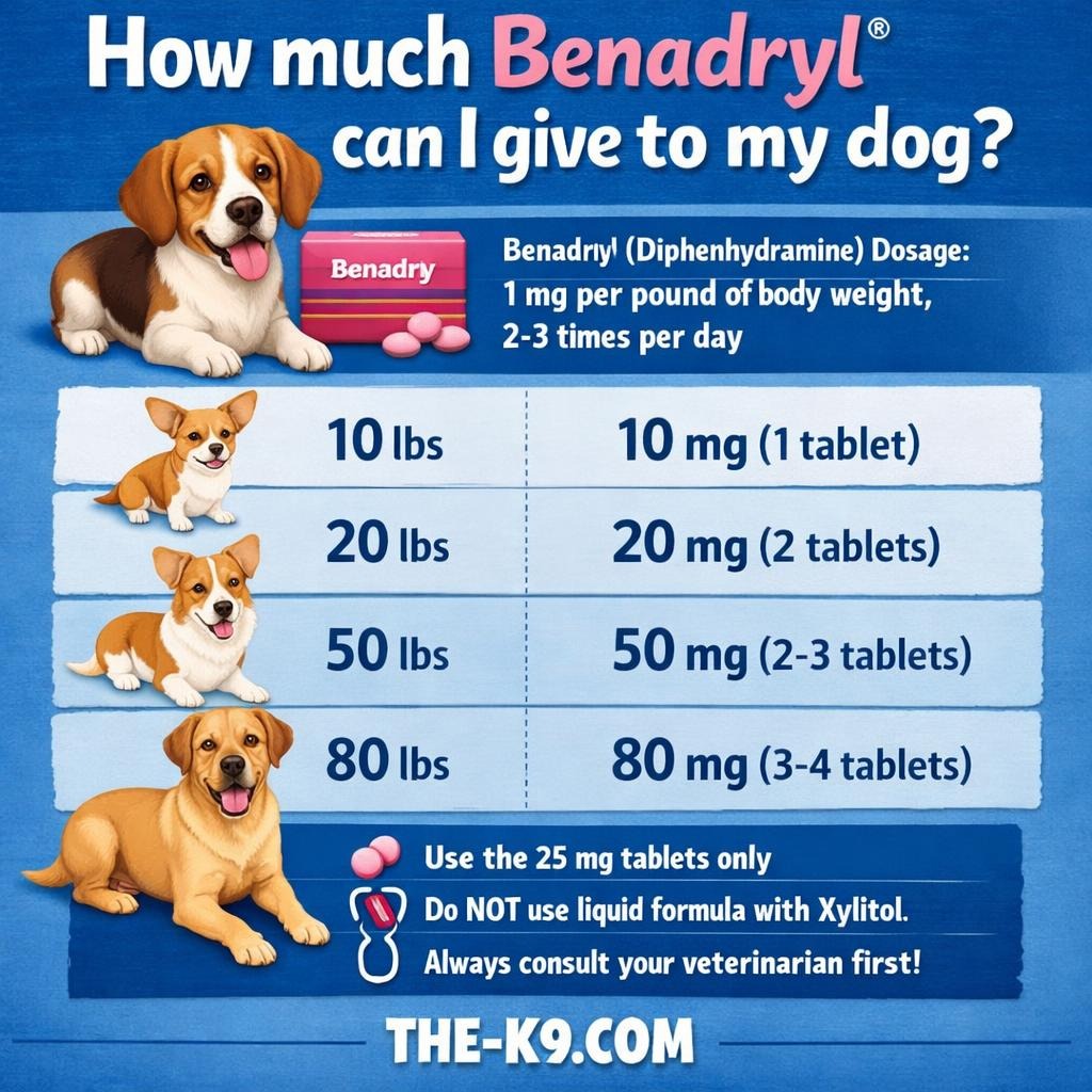 How much Benadryl® can I give to my dog: Safely info graphic