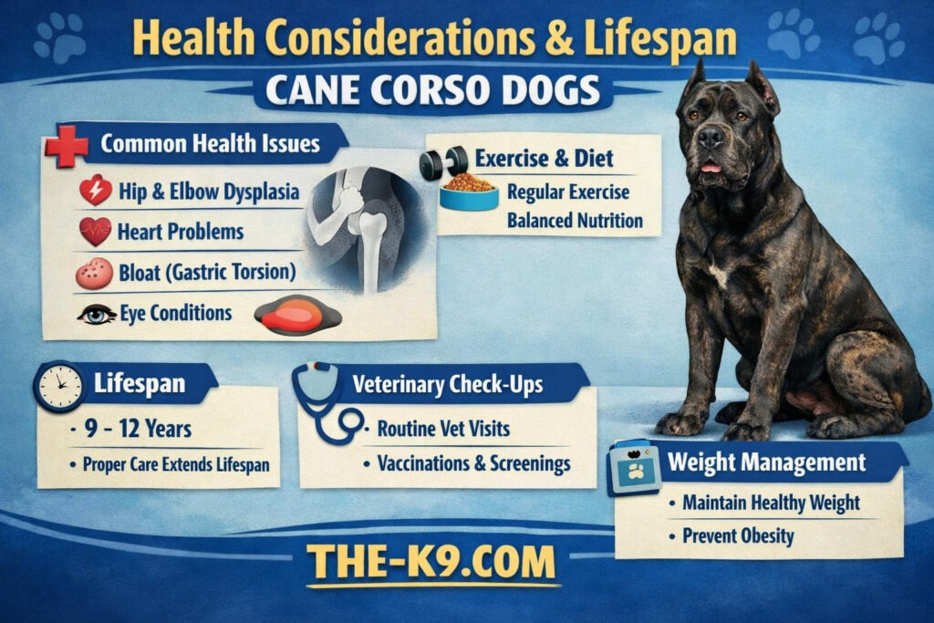 Health Considerations and Lifespan Cane Corso Dogs info graphic
