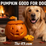 is pumpkin good for dogs with a golden retriever lying next to a pumpkin ansd a open fire.