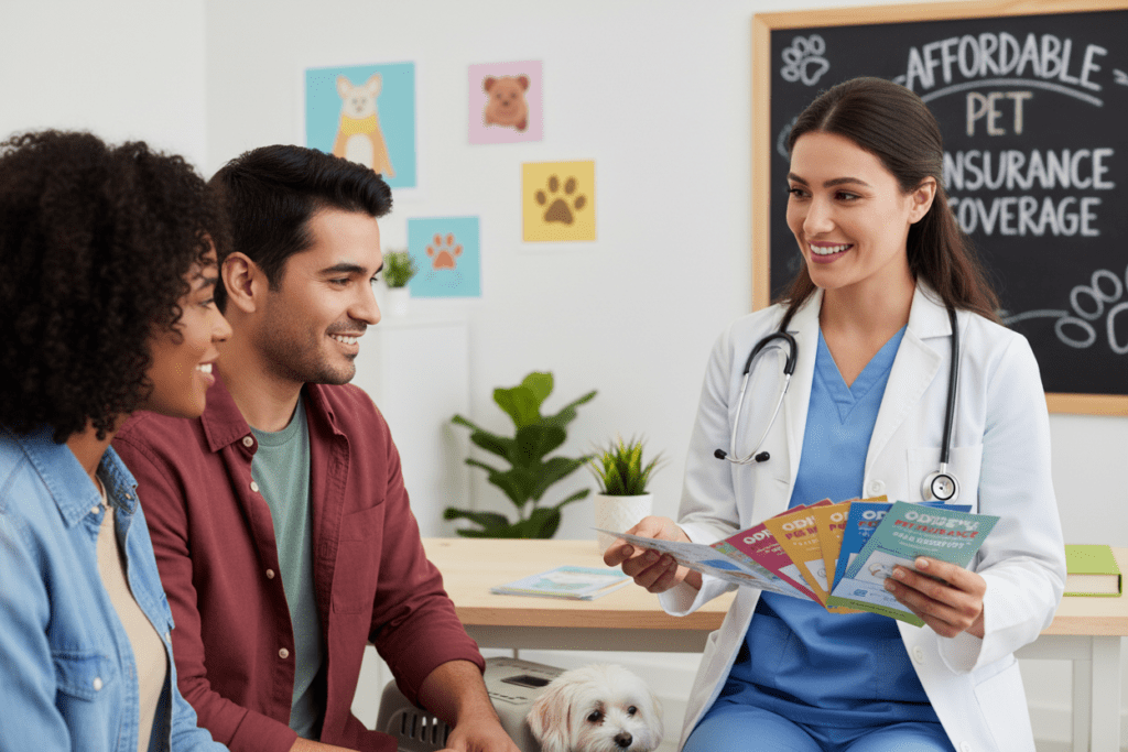 A friendly, professional veterinarian standing in a well-lit office, with a welcoming smile, discussing pet insurance options with a diverse couple sitting at a desk. On the desk, colorful brochures about Odie's affordable pet insurance plans are neatly arranged. The backdrop features a bright, cheerful office with pet-themed decorations, plants, and a chalkboard displaying "Affordable Pet Insurance Coverage." The lighting is warm and inviting, creating a positive atmosphere. Use a close-up angle to emphasize the interaction and documents. The overall mood is reassuring and supportive, emphasizing the value and accessibility of pet insurance for families.
